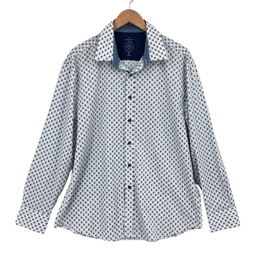 Con.struct Button Up Shirt Men XL White Polka Dot Wrinkle Free Moisture Wicking